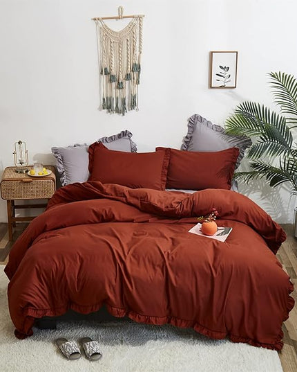Rust Ruffled Comforter Set King Size Bedding Set Women Caramel Ruffles Blanket Men Burnt Orange Ruffled Comforter Farmhouse Ruffle Fringe Design Girls 3 PCs Cinnamon Color Ruffled Bedding Set - LeafyLoom