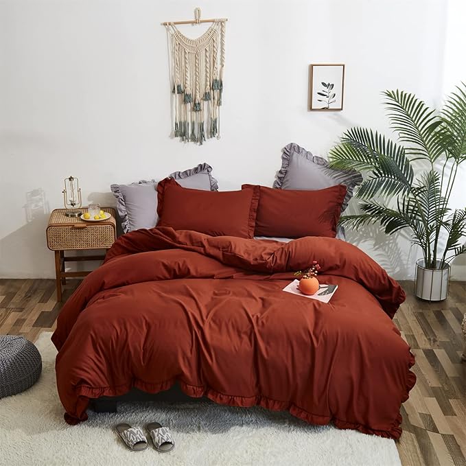 Rust Ruffled Comforter Set King Size Bedding Set Women Caramel Ruffles Blanket Men Burnt Orange Ruffled Comforter Farmhouse Ruffle Fringe Design Girls 3 PCs Cinnamon Color Ruffled Bedding Set - LeafyLoom
