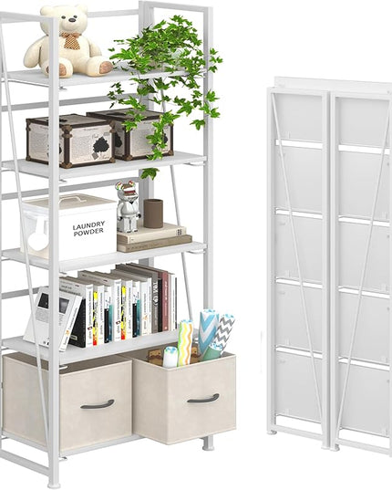 4NM No-Assembly Folding Bookshelf Storage Shelves 5 Tiers with 2 Drawers Vintage Bookcase Standing Racks Study Organizer Home Office (All White) - LeafyLoom