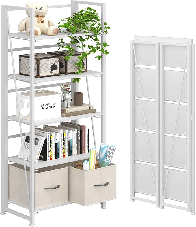 4NM No-Assembly Folding Bookshelf Storage Shelves 5 Tiers with 2 Drawers Vintage Bookcase Standing Racks Study Organizer Home Office (All White) - LeafyLoom