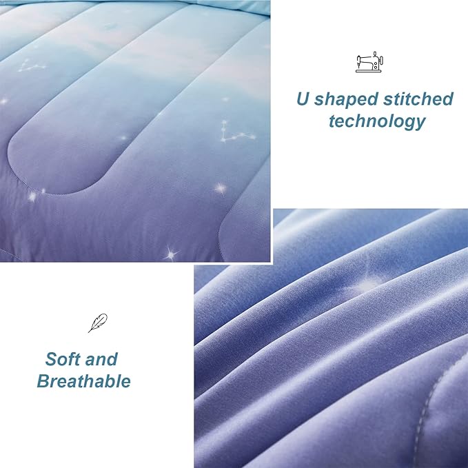 Girls Comforter Set Twin Size 6 Pieces Bed in A Bag Colorful Ombre Blue Purple Rainbow Bedding Set for Kids Teen (1 Comforter, 1 Flat Sheet, 1 Fitted Sheet, 1 Pillow sham, 2 Pillowcases) - LeafyLoom