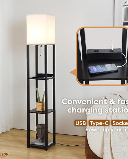 Lamptron 63" Standing Lamp,Lamp for Bedroom with Shelves and USB, USB-C & Power Outlets, Tall Lamp with Charging Station, lamps for living room,Sturdy Floor Lamp for Office (Black) - LeafyLoom
