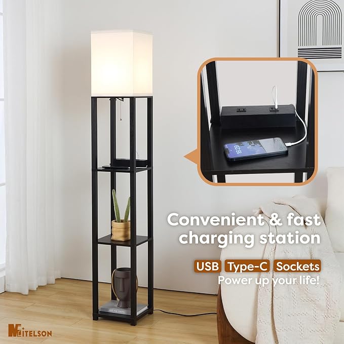 Lamptron 63" Standing Lamp,Lamp for Bedroom with Shelves and USB, USB-C & Power Outlets, Tall Lamp with Charging Station, lamps for living room,Sturdy Floor Lamp for Office (Black) - LeafyLoom