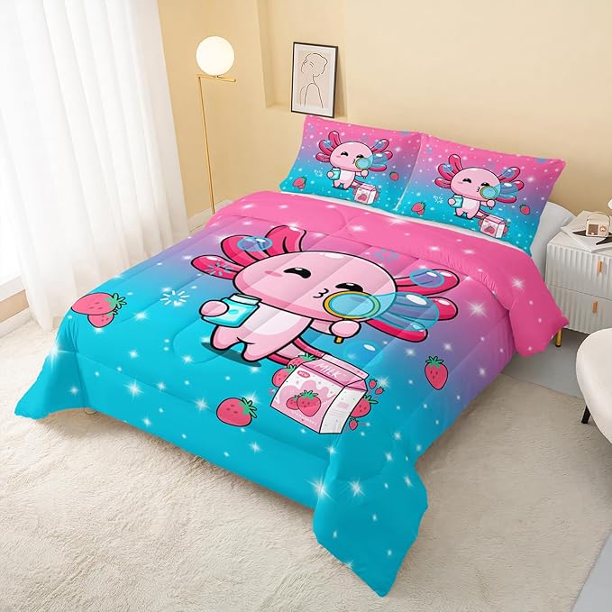 Kawaii Axolotl Comforter,Pink Salamander Comforter Set for Kids Teens Girls,3Pcs Bedding Set Printed Comforter with 2 Pillowcases,Down Alternative,Soft and Lightweight(Pink，Twin Size) - LeafyLoom