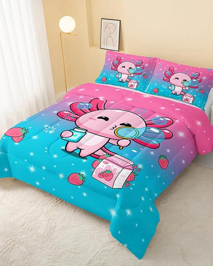 Kawaii Axolotl Comforter,Pink Salamander Comforter Set for Kids Teens Girls,3Pcs Bedding Set Printed Comforter with 2 Pillowcases,Down Alternative,Soft and Lightweight(Pink，Queen Size) - LeafyLoom