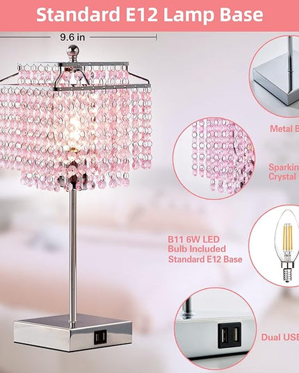 Luvkczc Pink Bedside Crystal Table Lamp, Touch Control Crystal Lamps with USB C+A Ports, 3-Way Dimmable Lamp with Crystal Shade for Girl Bedroom, Living Room, 6W B11 Bulb Included - LeafyLoom