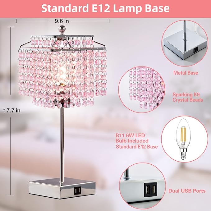 Luvkczc Set of 2 Bedside Pink Crystal Table Lamp, Touch Control Crystal Lamp, 3-Way Dimmable Lamp with Crystal Shade for Bedroom, Girl Living Room, 6W B11 Bulb Included - LeafyLoom