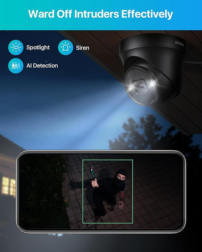 ZOSI 16CH 4K PoE Security Camera System with 4TB HDD,8pcs 8MP 4K PoE Cameras Outdoor Indoor,Person Vehicle Detection,Two-Way Talk,Spotlight Siren Alarm,Color Night Vision,8MP NVR for 24/7 Recording ZOSI