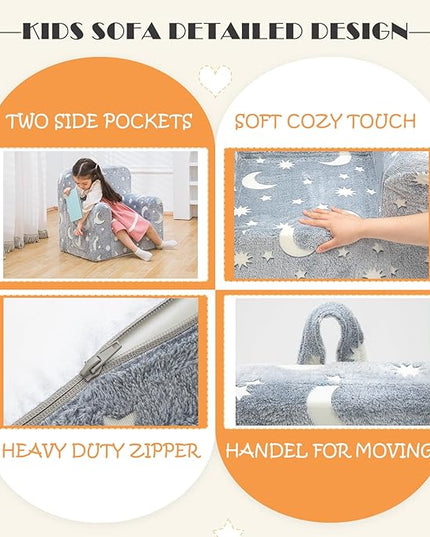 Snuggly-Soft Cuddly Toddler Plush Armchair for Boys and Girls Fuzzy Plush Kids Sofa Couch Reading Chair with Children Friendly Handle for Easy Movement & Double Pockets for Storage, Glowing Grey - LeafyLoom