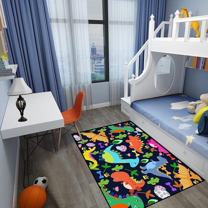 Dinosaur Rug for Boys Room Cartoon Dinosaur Area Rugs Kids Rug Dinosaur Rug Kids Play Rug Dinosaur Play Rug for Bedroom and Kidroom Playing Room,Dark Blue 3'×4' - LeafyLoom