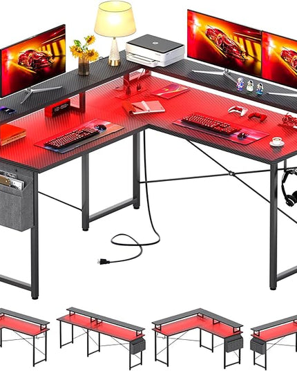 L Shaped Computer Desk with Power Outlets, Gaming Desk L Shaped with LED Lights, Corner Desk with Storage Shelves, Work Study Desk for Bedroom, Home Office Small Spaces, 47'', Carbon Fiber Black - LeafyLoom