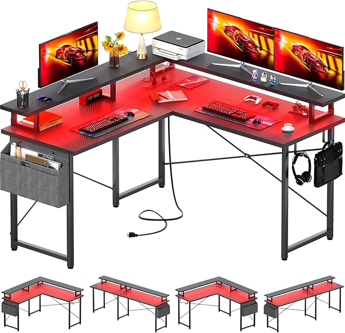 L Shaped Computer Desk with Power Outlets, Gaming Desk L Shaped with LED Lights, Corner Desk with Storage Shelves, Work Study Desk for Bedroom, Home Office Small Spaces, 47'', Carbon Fiber Black - LeafyLoom