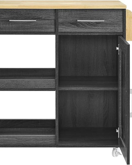 Modway Culinary Rolling Kitchen Cart with Storage in Charcoal Natural - 3 Tiers Kitchen Island on Wheels with Spice Rack, Functional as a Coffee Station, Bar Cabinet or Butcher Block Island - LeafyLoom