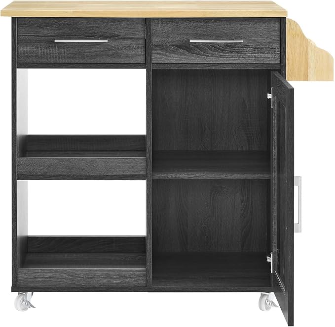Modway Culinary Rolling Kitchen Cart with Storage in Charcoal Natural - 3 Tiers Kitchen Island on Wheels with Spice Rack, Functional as a Coffee Station, Bar Cabinet or Butcher Block Island - LeafyLoom
