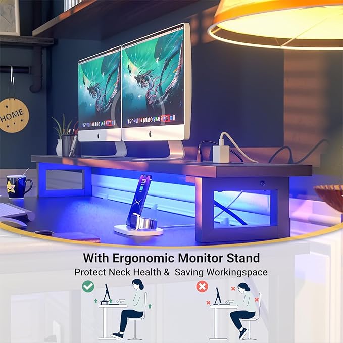 Computer Desk with USB Power Outlets and LED Lights,55 inch Gaming desk with Monitor Stand for Small Space Home Office, Modern Simple Study Writing Table PC Desks, Black - LeafyLoom