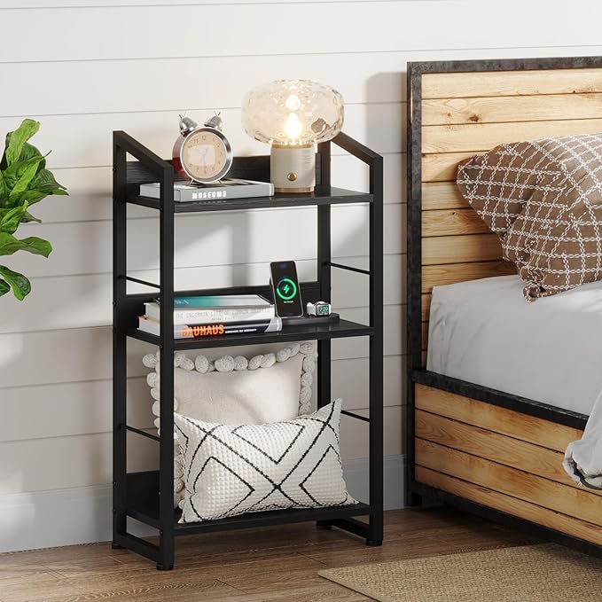 3 Tier Bookshelf: Small Modern Industrial Bookshelves for Bedroom, Short Bookcase Book Shelf for Small Spaces (Black) - LeafyLoom