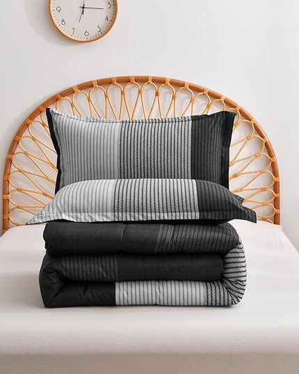 WONGS BEDDING Black Comforter Set Queen, Reversible Black Grey Stripe Down Alternative Comforter for All Season,3 Pieces(1 Patchwork Comforter+2 Pillowcases), Soft Microfiber Bedding Set 90"×90" - LeafyLoom
