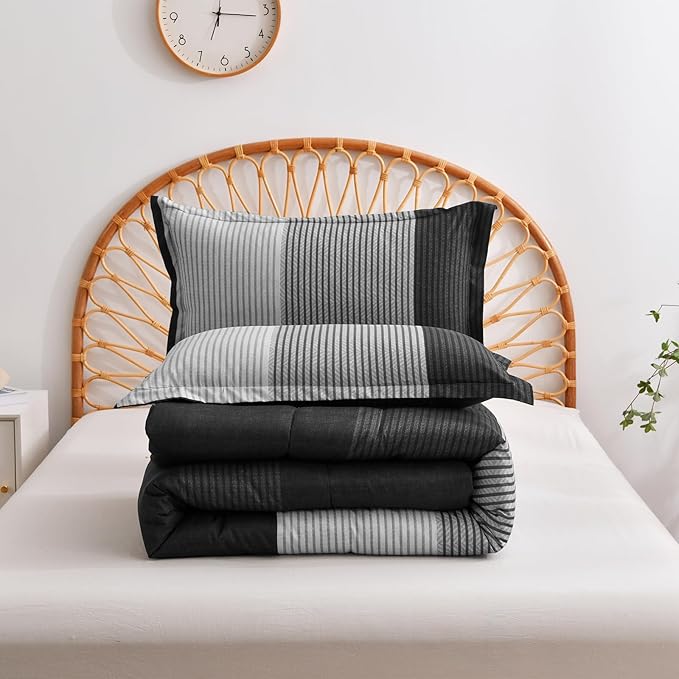 WONGS BEDDING Black Comforter Set Queen, Reversible Black Grey Stripe Down Alternative Comforter for All Season,3 Pieces(1 Patchwork Comforter+2 Pillowcases), Soft Microfiber Bedding Set 90"×90" - LeafyLoom