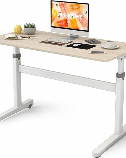 Manual Standing Desk Adjustable Height- Crank Mobile Standing Desk 48 x 24 Inches Sit Stand Desk Frame & Top, Stand Up Desk on Wheels, Computer Desk White Frame & Maple - LeafyLoom