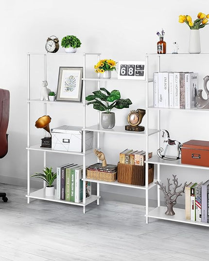 melos 4 Tier Bookshelf, Industrial Bookcase, Large Etagere Bookshelf Open Display Shelves with Metal Frame and 2 Anti-Tipping Strap, White - LeafyLoom