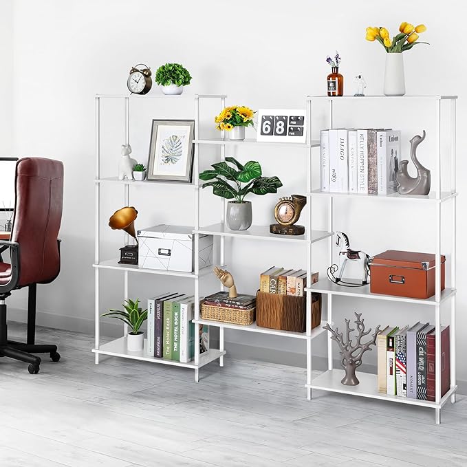 melos 4 Tier Bookshelf, Industrial Bookcase, Large Etagere Bookshelf Open Display Shelves with Metal Frame and 2 Anti-Tipping Strap, White - LeafyLoom