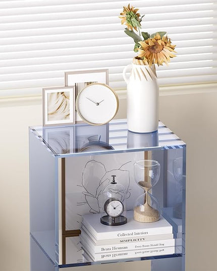 Acrylic Bookcase, 3 Tier Clear Floor Standing Bookshelf, 31.5 inch Tall Display Cube Storage Shelf Home Decor Furniture for Home, Office, Living Room, Bedroom - Transparent Blue - LeafyLoom