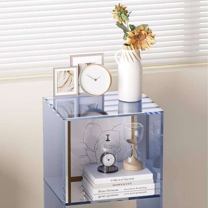 Acrylic Bookcase, 3 Tier Clear Floor Standing Bookshelf, 31.5 inch Tall Display Cube Storage Shelf Home Decor Furniture for Home, Office, Living Room, Bedroom - Transparent Blue - LeafyLoom