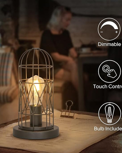 Small Industrial Lamp, Touch Control 3 Way Dimmable Table Lamp, Rustic Iron Steampunk Edison Lamp Vintage Nightstand Lamp Bedside Light for Bedroom Living Room, Corner, Hallway, LED Bulb Included - LeafyLoom