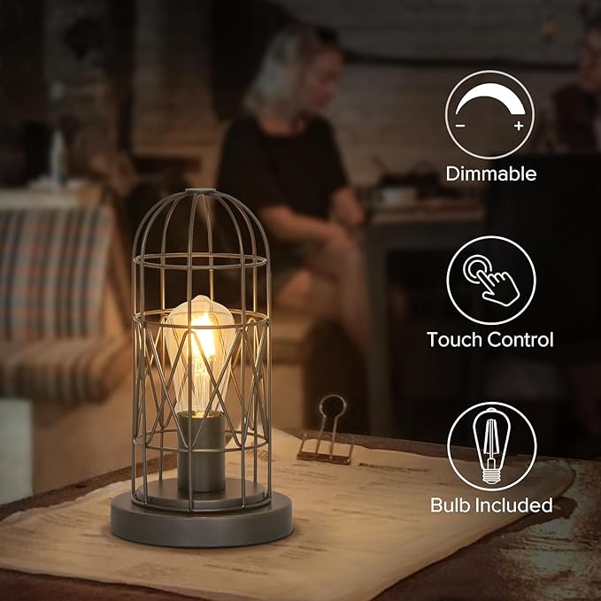 Small Industrial Lamp, Touch Control 3 Way Dimmable Table Lamp, Rustic Iron Steampunk Edison Lamp Vintage Nightstand Lamp Bedside Light for Bedroom Living Room, Corner, Hallway, LED Bulb Included - LeafyLoom