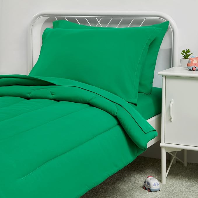 Amazon Basics 2 Piece Microfiber Kid's Bed-in-a-Bag Bedding Set, Toddler, Green, Solid - LeafyLoom
