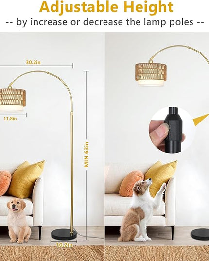 Arc Floor Lamp for bedroom with Rattan & Linen Shades, Gold Floor Lamp with Remote & Dimming Bulb, Rustic Standing Lamp with 3 Color Temperatures, Adjustable Height Farmhouse Tall Lamp for Living Room - LeafyLoom