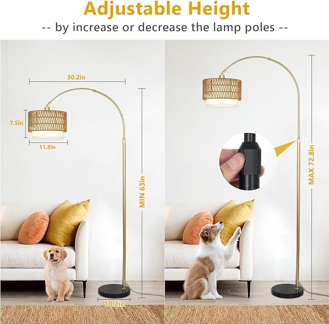 Arc Floor Lamp for bedroom with Rattan & Linen Shades, Gold Floor Lamp with Remote & Dimming Bulb, Rustic Standing Lamp with 3 Color Temperatures, Adjustable Height Farmhouse Tall Lamp for Living Room - LeafyLoom