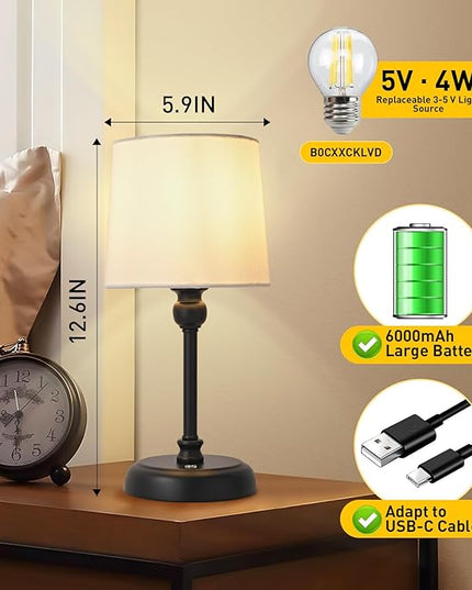 Cordless LED Table Lamp, 6000mAh Rechargeable Bedside Night Lamp for Bedroom, Portable Touch Stepless Dimmable Battery Operated Lamp, Ambient Light for Patio Restaurant(Black S) - LeafyLoom