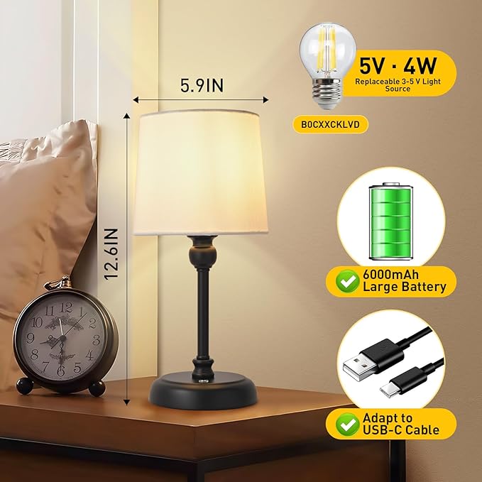 Cordless LED Table Lamp, 6000mAh Rechargeable Bedside Night Lamp for Bedroom, Portable Touch Stepless Dimmable Battery Operated Lamp, Ambient Light for Patio Restaurant(Black S) - LeafyLoom