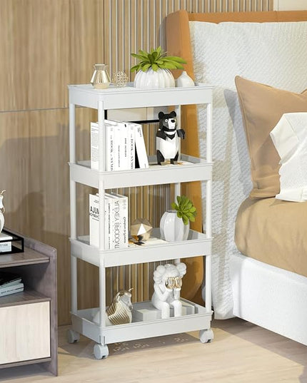 Sooyee 4 Tier Wide Storage Cart Mobile Shelving Unit Organizer Slide Out Storage Rolling Utility Cart Tower Rack for Kitchen Bathroom Laundry, Plastic & Stainless Steel,White - LeafyLoom