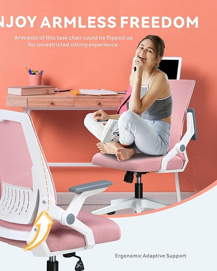 COMHOMA Office Chair with Flip-up Armrests Ergonomic Computer Desk Chair Foldable Mesh Task Chair with Wheels Adaptive Lumbar Support Swivel Tilt Comfortable Study Chair for Student, Pink - LeafyLoom