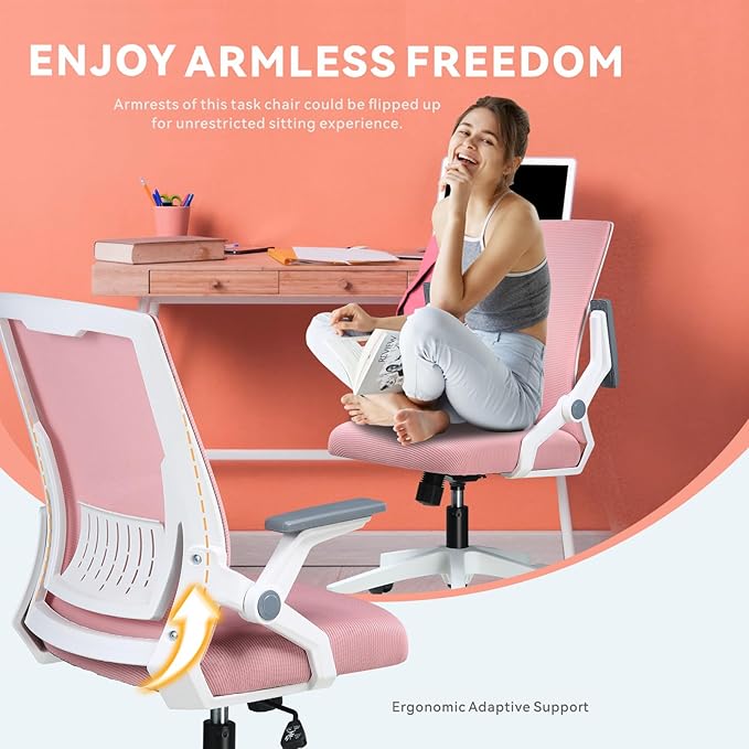 COMHOMA Office Chair with Flip-up Armrests Ergonomic Computer Desk Chair Foldable Mesh Task Chair with Wheels Adaptive Lumbar Support Swivel Tilt Comfortable Study Chair for Student, Pink - LeafyLoom
