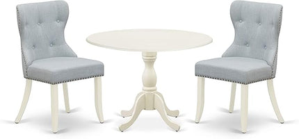 East West Furniture DMSI3-LWH-15 3 Piece Dining Table Set Contains a Round Dining Room Table with Dropleaf and 2 Baby Blue Linen Fabric Upholstered Kitchen Chairs, 42x42 Inch, Linen White - LeafyLoom
