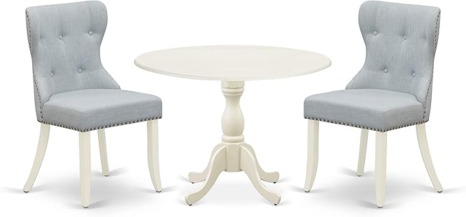 East West Furniture DMSI3-LWH-15 3 Piece Dining Table Set Contains a Round Dining Room Table with Dropleaf and 2 Baby Blue Linen Fabric Upholstered Kitchen Chairs, 42x42 Inch, Linen White - LeafyLoom