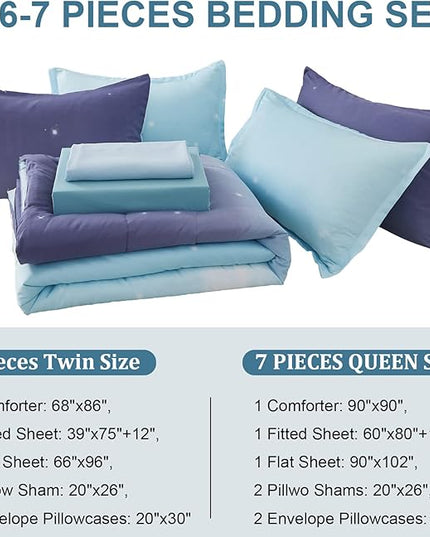 Dinjoy Girls Women Comforter Set King Size Ombre Blue Purple Rainbow Bedding Set 7 Pieces Bed in A Bag for Teen Adult (1 Comforter, 1 Flat Sheet, 1 Fitted Sheet, Pillow shams & Pillowcases) - LeafyLoom