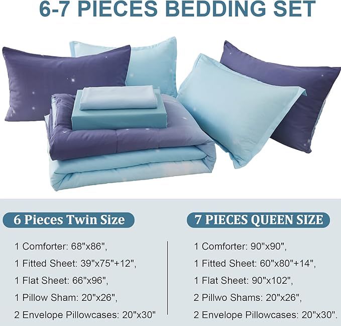 Girls Comforter Set Full Size Colorful Ombre Blue Purple Rainbow Bedding Set Bed in A Bag for Kid Teen Girls 7 Pieces (1 Comforter, 1 Flat Sheet, 1 Fitted Sheet, 2 Pillow shams, 2 Pillowcases) - LeafyLoom