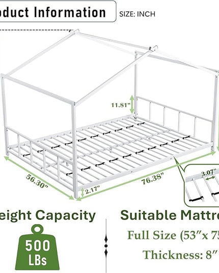 Full Size Montessori Floor Bed with Roof Design for Kids Bedroom,House Bedframe for Small Space,Easy Assembly & No Box Spring Needed, White - LeafyLoom