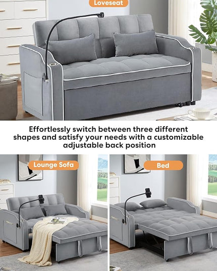 55" Full Size Pull Out Couch, 3 in 1 Convertible Futon Sofa Bed, Velvet Loveseat Sofa Cama, Foldable Lounge Sleeper Sofa with Pullout Bed, Small Couch for Living Room, Type C & USB Port - LeafyLoom