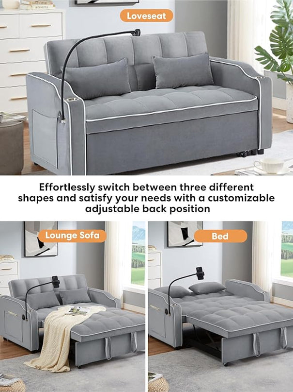 55" Full Size Pull Out Couch, 3 in 1 Convertible Futon Sofa Bed, Velvet Loveseat Sofa Cama, Foldable Lounge Sleeper Sofa with Pullout Bed, Small Couch for Living Room, Type C & USB Port - LeafyLoom