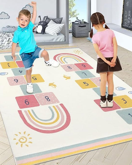 Topotdor Rainbow Sky Hopscotch Game Rugs,Kids Play Area Rugs Soft Floor Carpet for Bedroom Playroom Nursery,Great Gift for Girls & Boys,47" x 71" - LeafyLoom