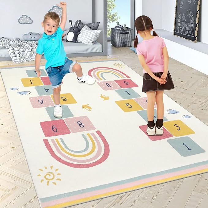 Topotdor Rainbow Sky Hopscotch Game Rugs,Kids Play Area Rugs Soft Floor Carpet for Bedroom Playroom Nursery,Great Gift for Girls & Boys,47" x 71" - LeafyLoom