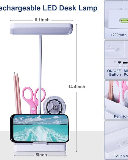 Small LED Desk Lamp with Pen/Phone Holder, Rechargeable Desk Light with Flexible Gooseneck, 3 Color Modes, Stepless Dimming, Eye Caring, Small Study Lamp for Dorm, Bedroom - LeafyLoom