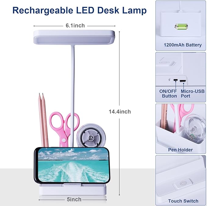 Small LED Desk Lamp with Pen/Phone Holder, Rechargeable Desk Light with Flexible Gooseneck, 3 Color Modes, Stepless Dimming, Eye Caring, Small Study Lamp for Dorm, Bedroom - LeafyLoom