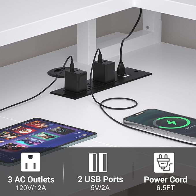 armocity L Shaped Computer Desk with Power Outlets, Gaming Desk L Shaped with LED Lights, Corner Desk with Storage Shelves, Work Study Desk for Bedroom, Home Office Small Spaces, 47'', White - LeafyLoom