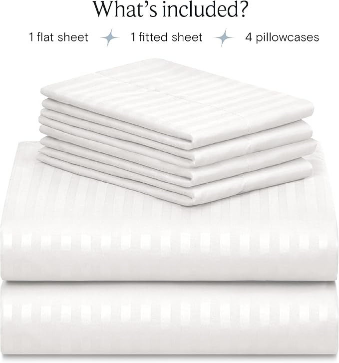 LuxClub 6 PC Full Size Sheet Set Bed Sheets, Breathable Luxury Bed Sheets, Deep Pockets 18" Wrinkle Free Cooling Bed Sheets Machine Washable Hotel Bedding (Full, Striped White) - LeafyLoom